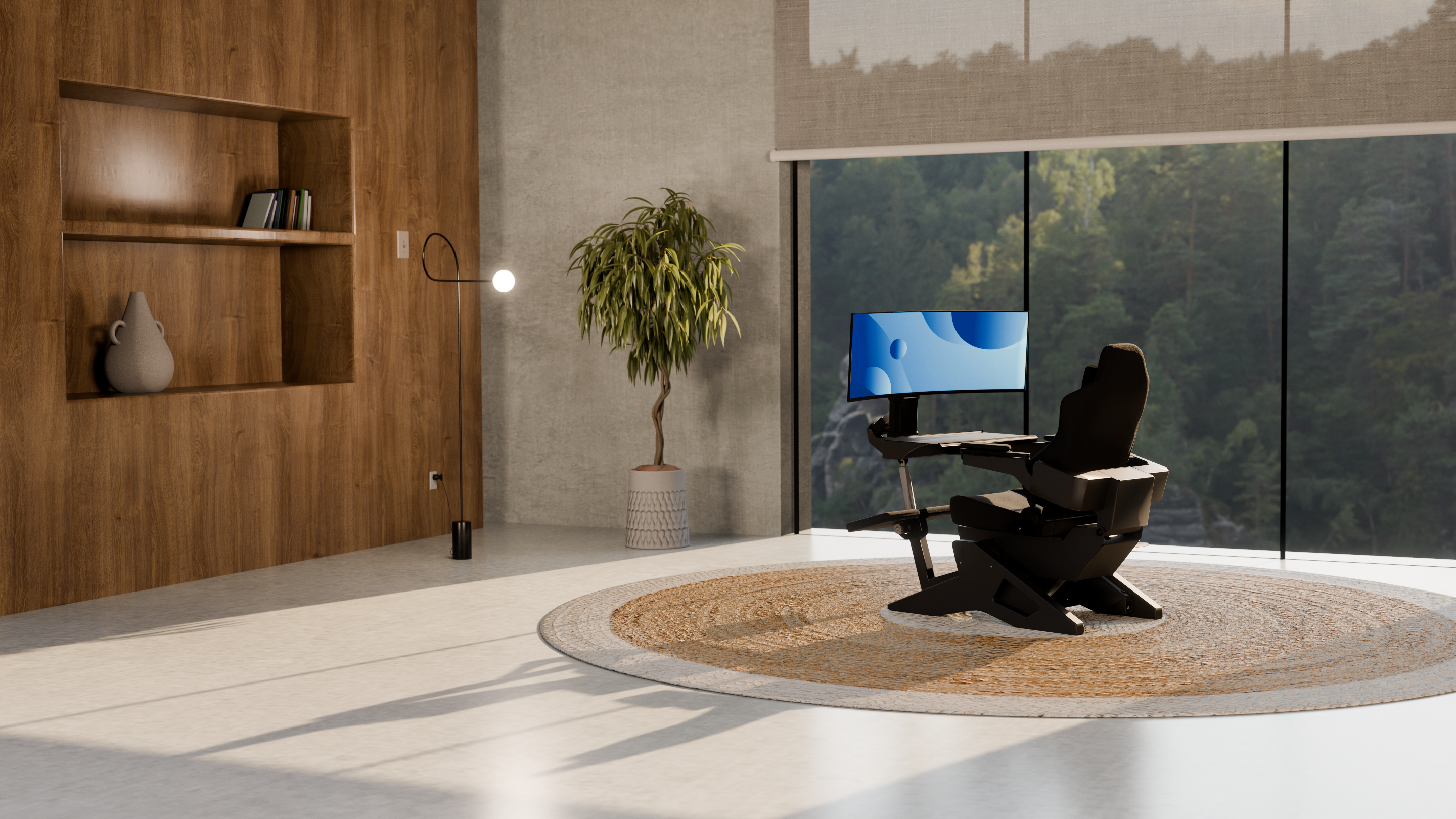 Modern office interior with a zero-gravity office chair equipped with an ultra-wide monitor, large window with view of trees, and wooden bookshelf.