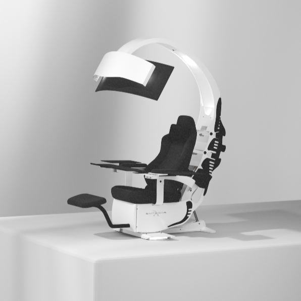 Modern scorpion gaming chair with ultra-wide curved monitor. 