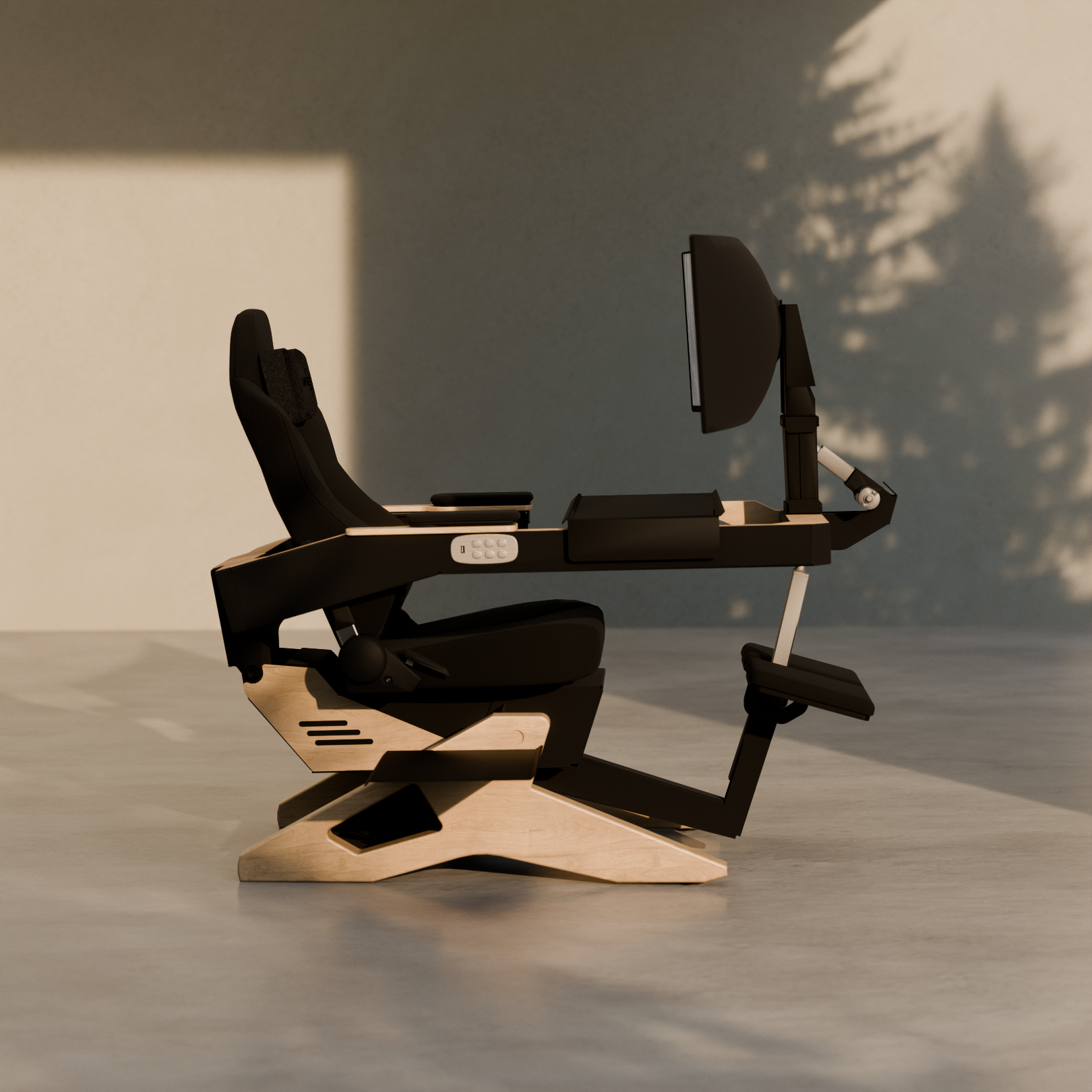 Modern office chair with adjustable desk and monitor stand on a neutral background